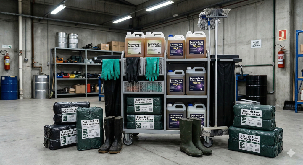 Ambientes industriais exigem produtos com alto desempenho para remoção de graxa, óleo e resíduos pesados, além de equipamentos robustos para equipes de limpeza