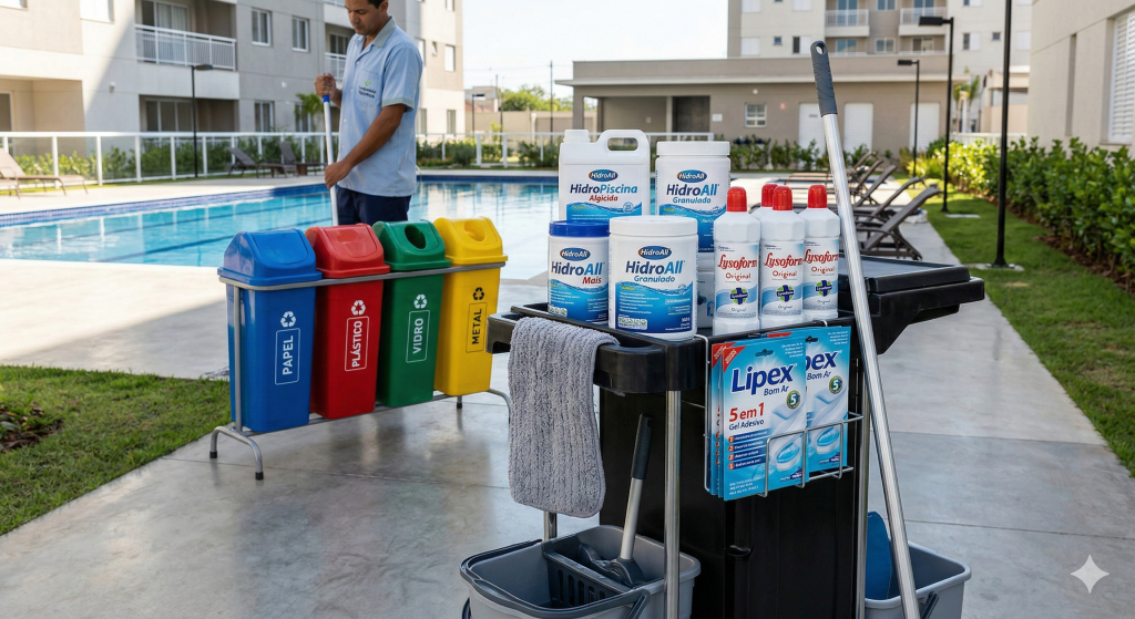 Condomínios precisam manter áreas comuns limpas com custo previsível e fornecimento constante.