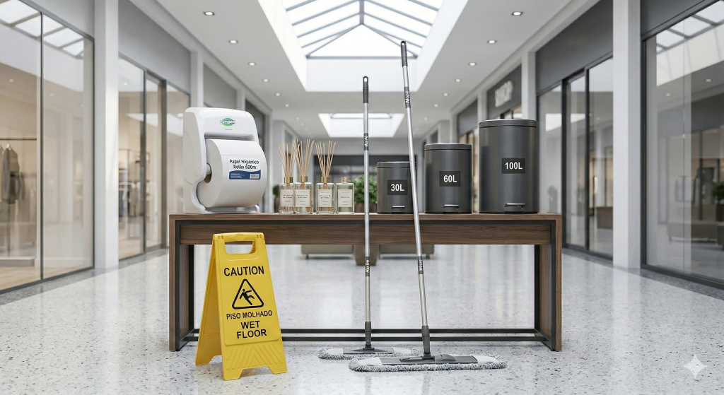 Shoppings exigem limpeza contínua em áreas de alta circulação e precisam de fornecedor com estoque sólido e entregas programadas.