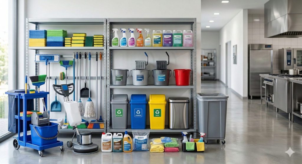 Lixeiras, baldes, panos, esponjas