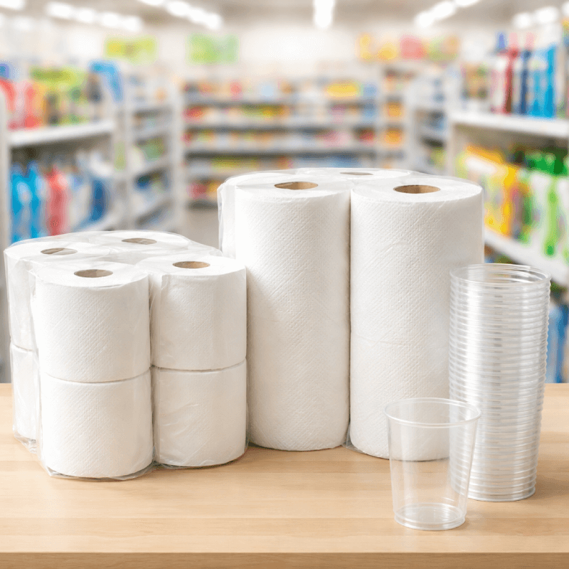 Papel higiênico, papel toalha, copos descartáveis, luvas, toucas, máscaras e itens para uso único em ambientes profissionais.