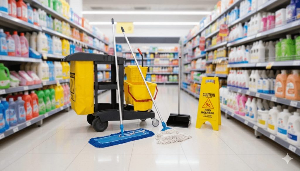 Lavadoras de piso, carros funcionais, mops, baldes espremedores e acessórios para equipes de limpeza profissional.